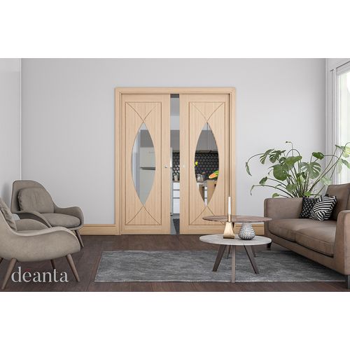 Deanta Amalfi Contemporary Fully Finished Oak Clear Glazed Internal Door lifestyle.JPG