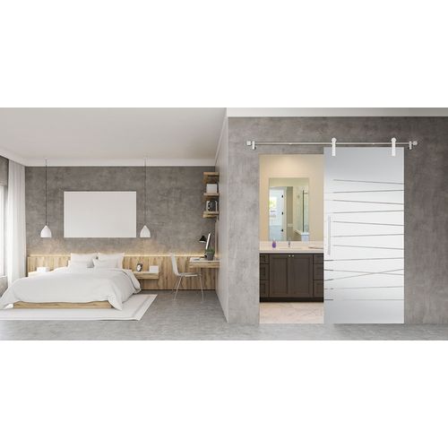 Jeldwen Infinity Abstract Glass Sliding Door with Nouveau Track and Pull Handle in bedroom