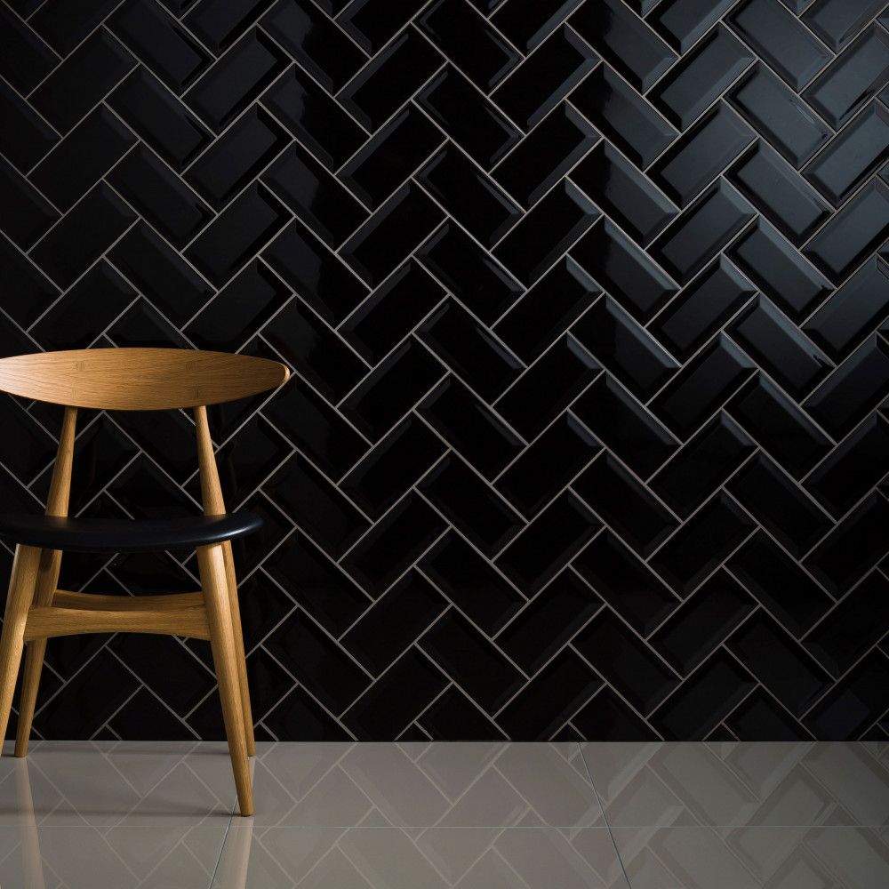 Johnson Tiles Bevel Brick Black Gloss, Black Brick Herringbone Floor Tile