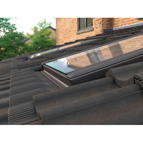 VELUX GBL Low Pitch White Painted Centre Pivot Roof Window & Flashing close up