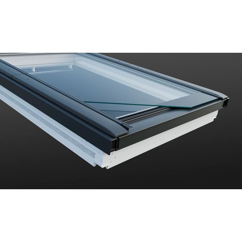 VELUX GBL Low Pitch White Painted Centre Pivot Roof Window & Flashing split view