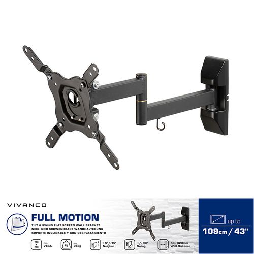 vivanco small medium full motion tv wall mount bracket up to 43 inch primary infographic