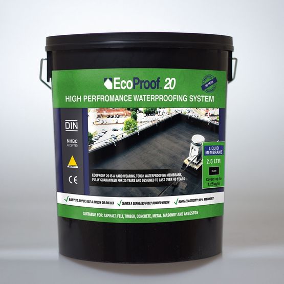 Photo of a 2.5kg tin of EcoProof 20 Liquid Rubber Waterproof Membrane in Black
