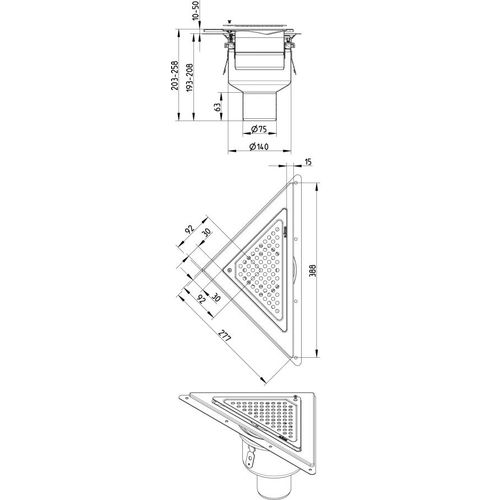 Shower Drain Gully Stainless Steel Triangular Corner Adjustable - 75mm